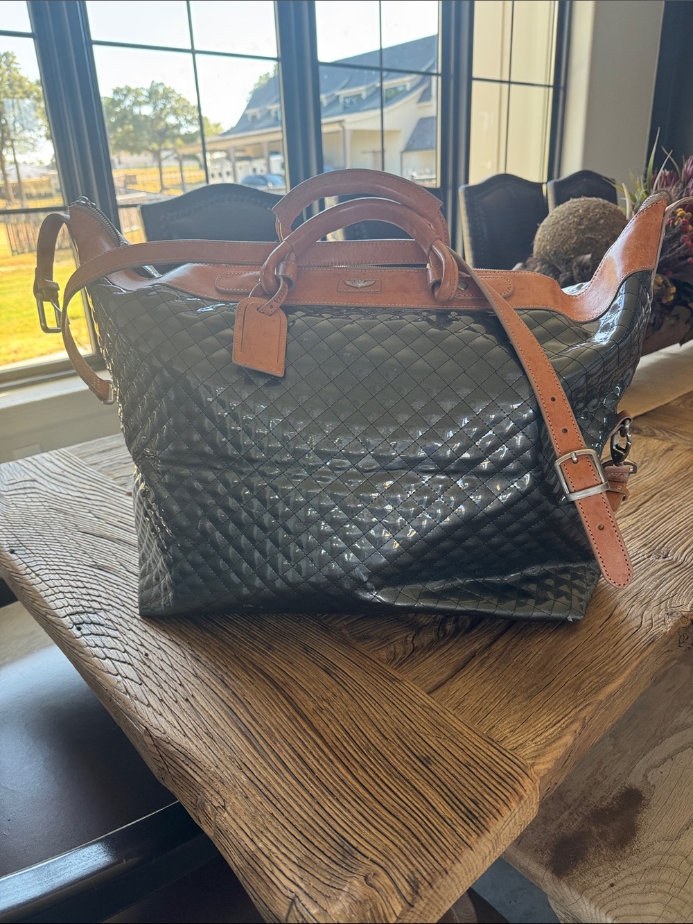 Consuela Black Quilted Patent Travel Bag with Brown Trim